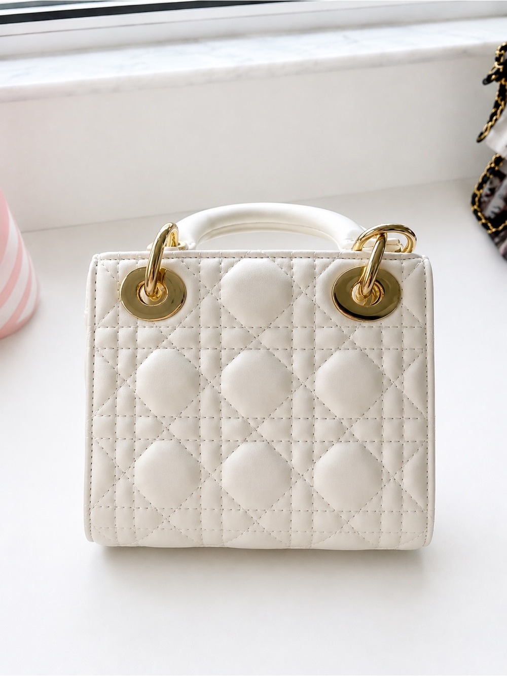 Small White Quilted Top Handle Chain Shoulder Bag